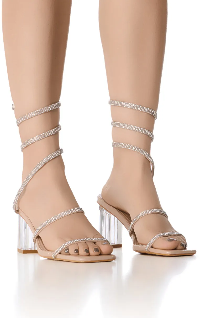 AZALEA WANG BELLONA NUDE SANDAL WITH EMBELLISHED COIL WRAP