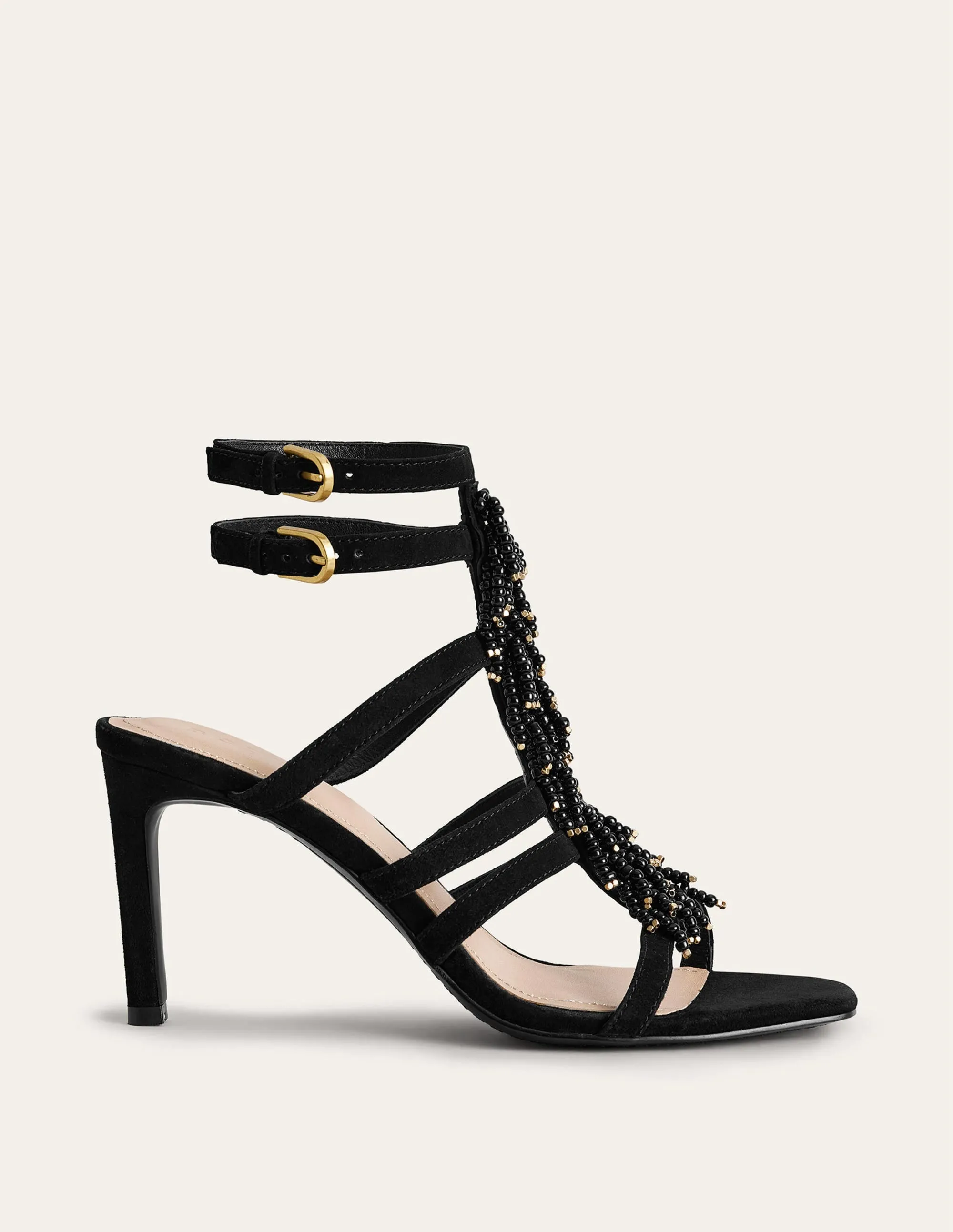 Beaded Heeled Sandals-Black