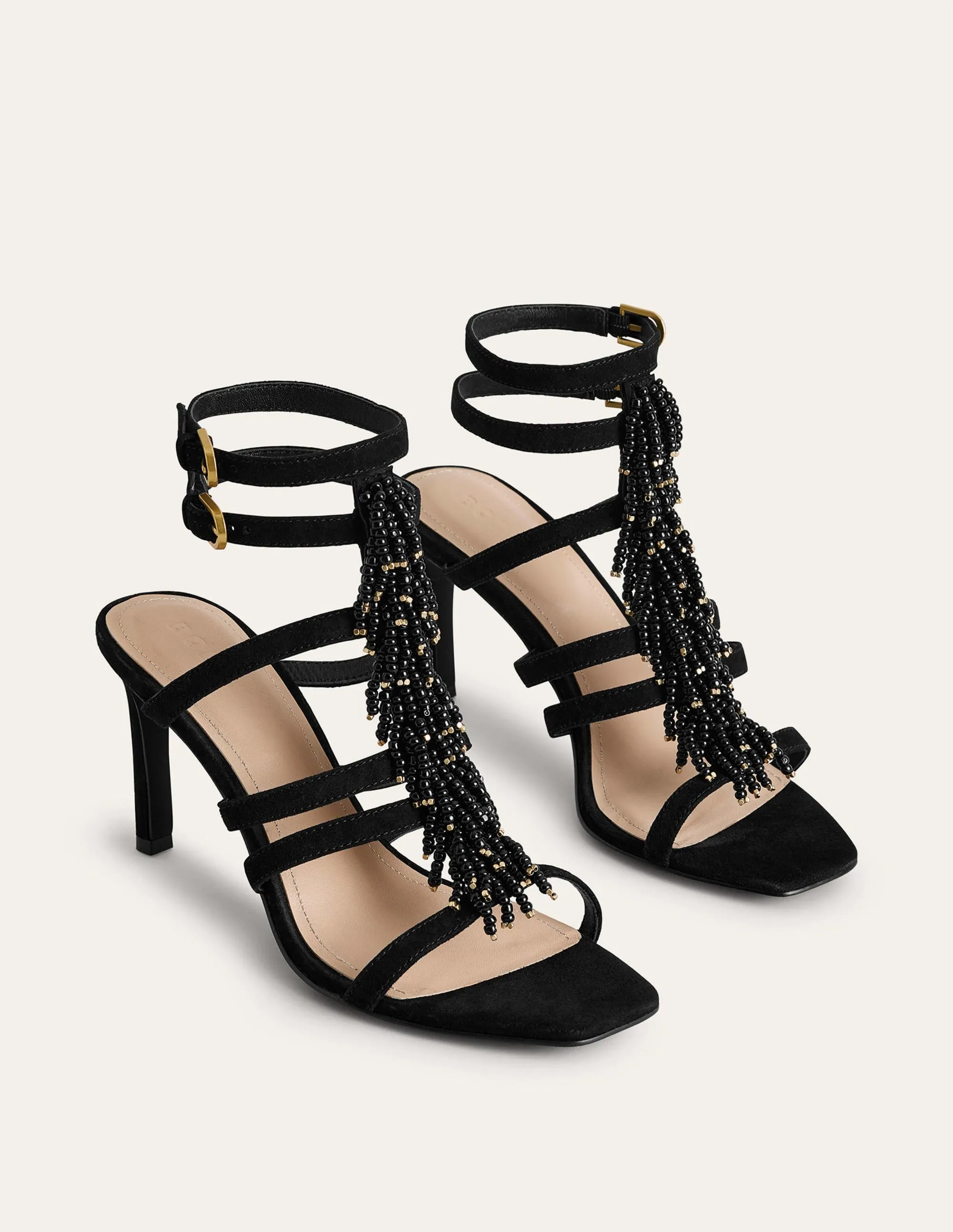 Beaded Heeled Sandals-Black