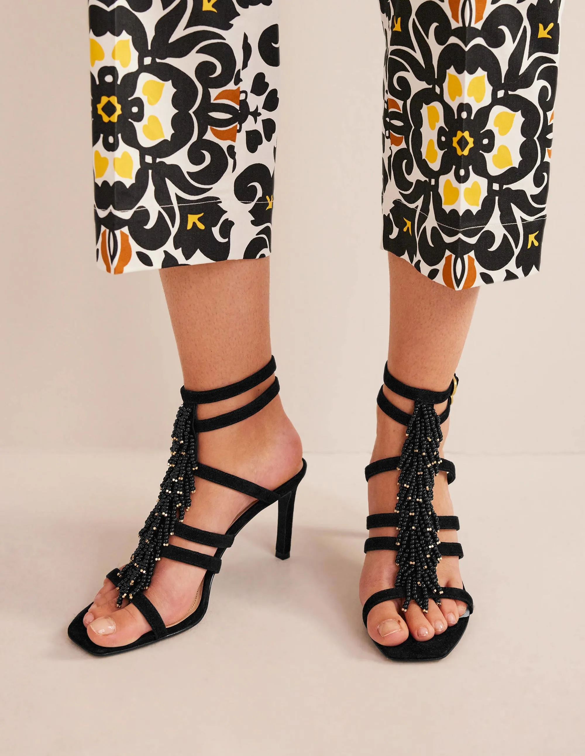 Beaded Heeled Sandals-Black