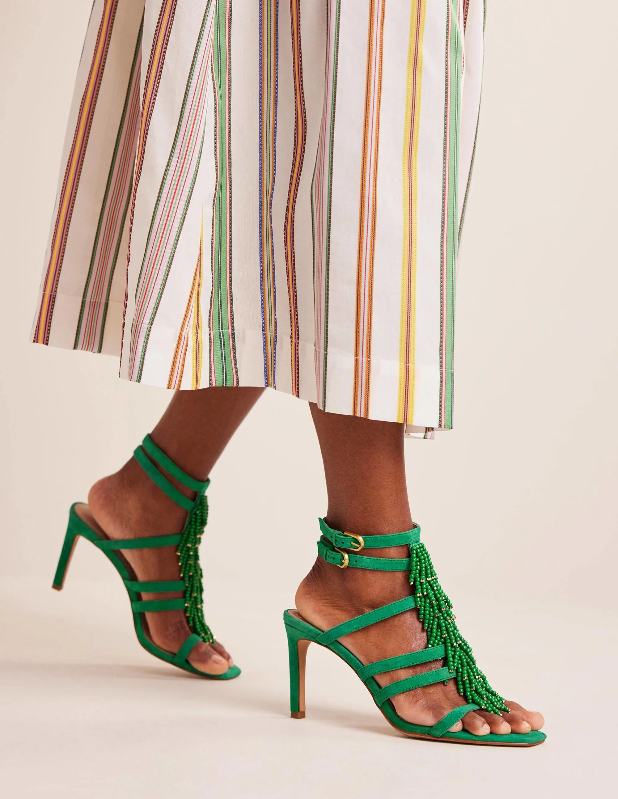 Beaded Heeled Sandals-Rich Emerald Green