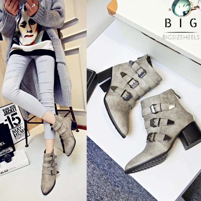 Bigsizeheels American western leather ankle boots with pointed toes and thick heels - Gray