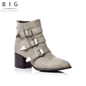 Bigsizeheels American western leather ankle boots with pointed toes and thick heels - Gray