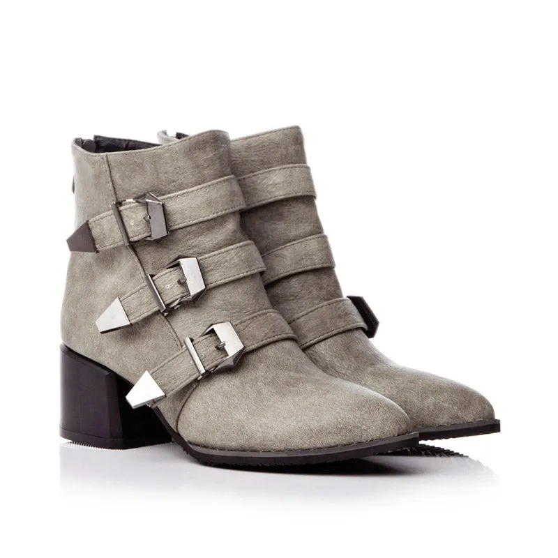 Bigsizeheels American western leather ankle boots with pointed toes and thick heels - Gray