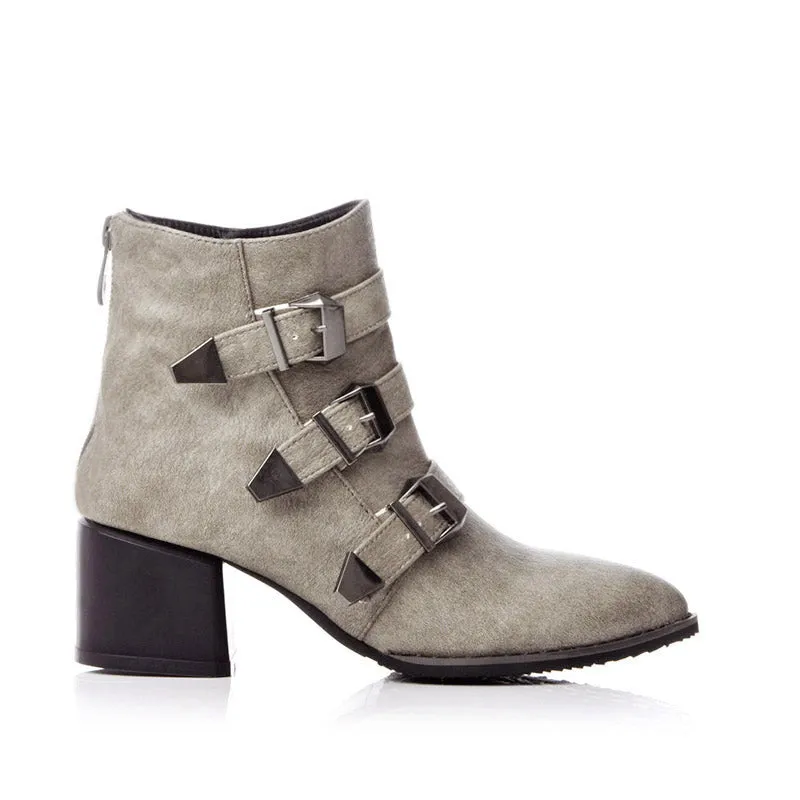 Bigsizeheels American western leather ankle boots with pointed toes and thick heels - Gray