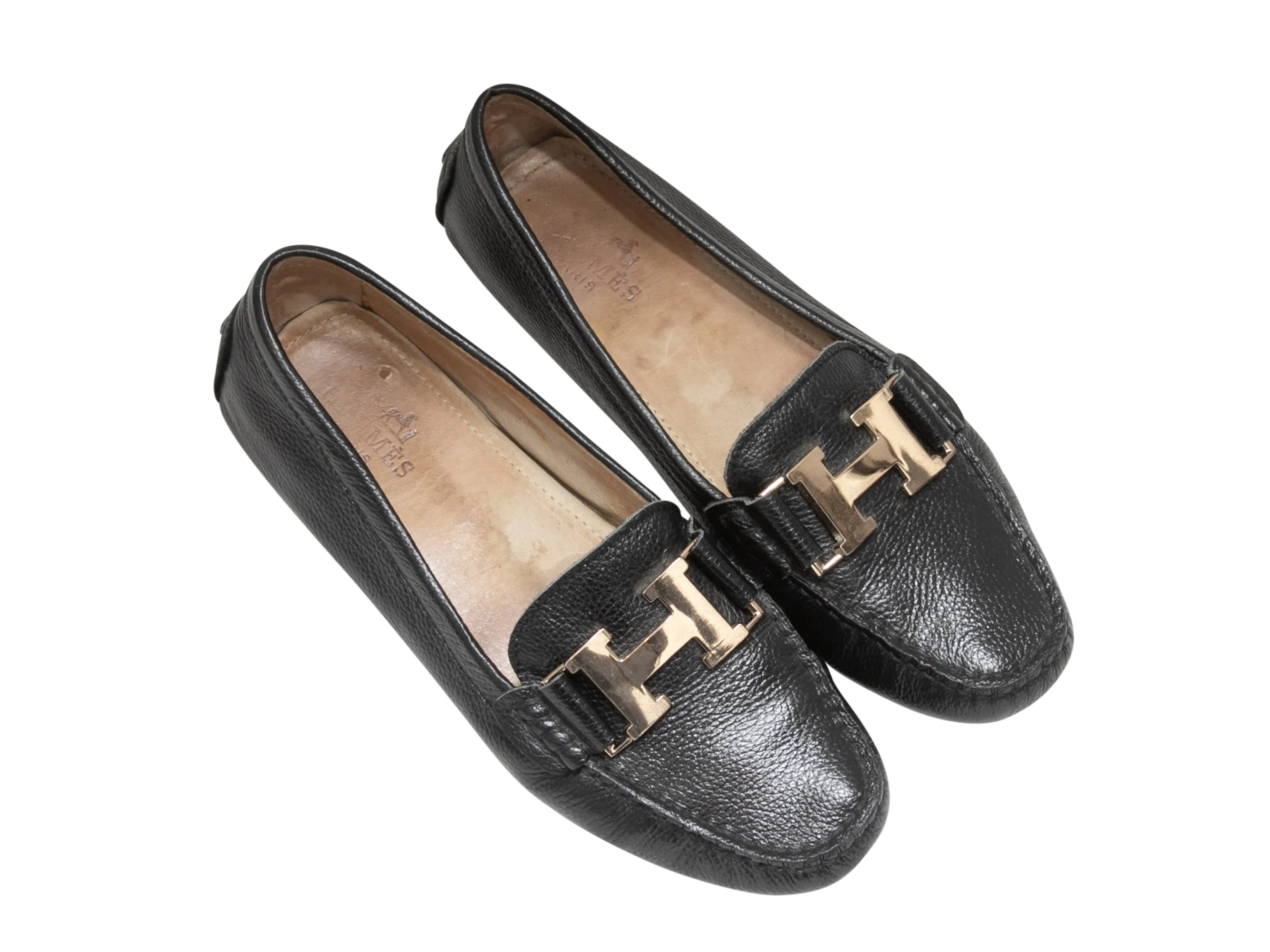 Black Hermes Leather Logo Driving Loafers Size 38