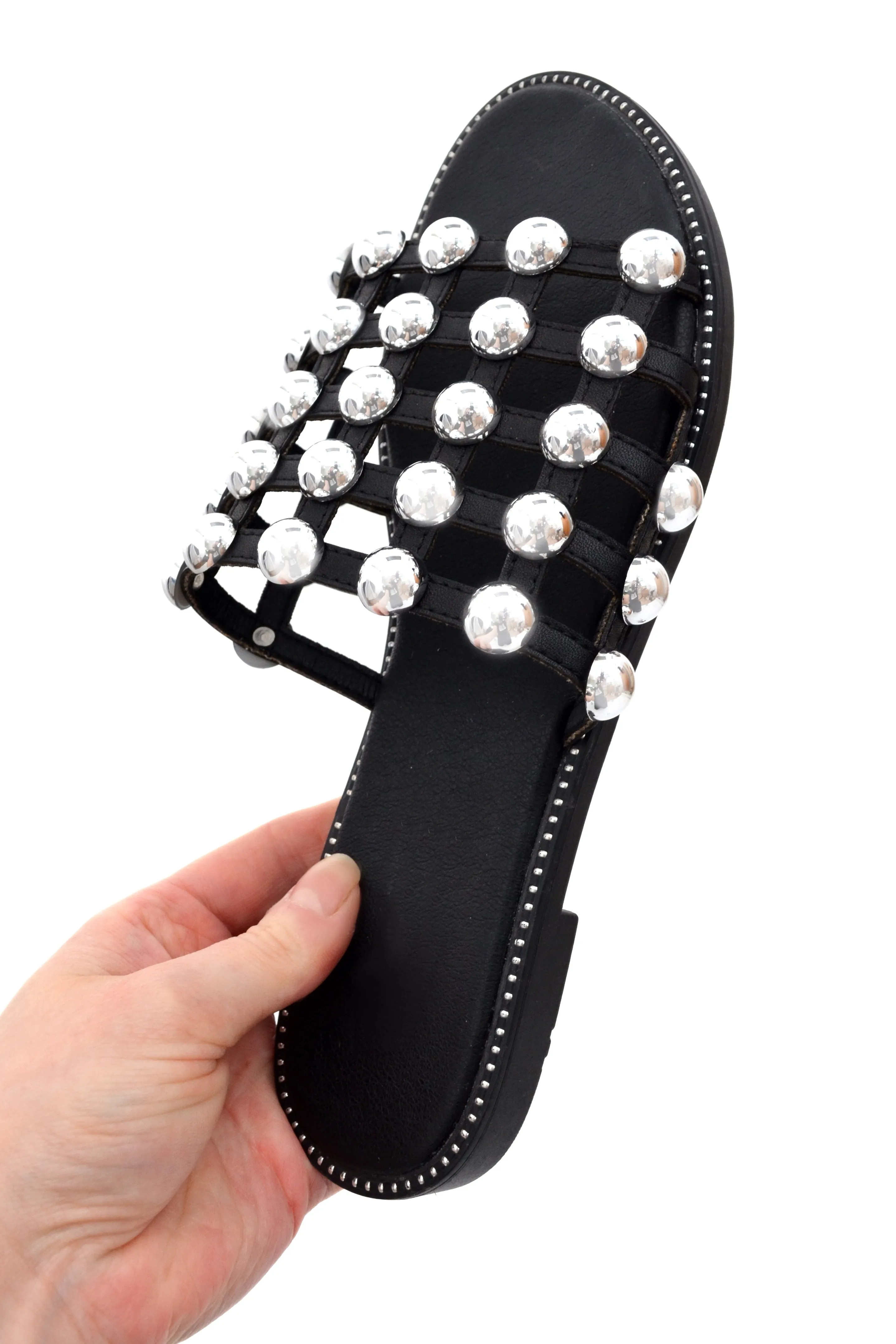 Black PU Studded Caged Slider Sandals