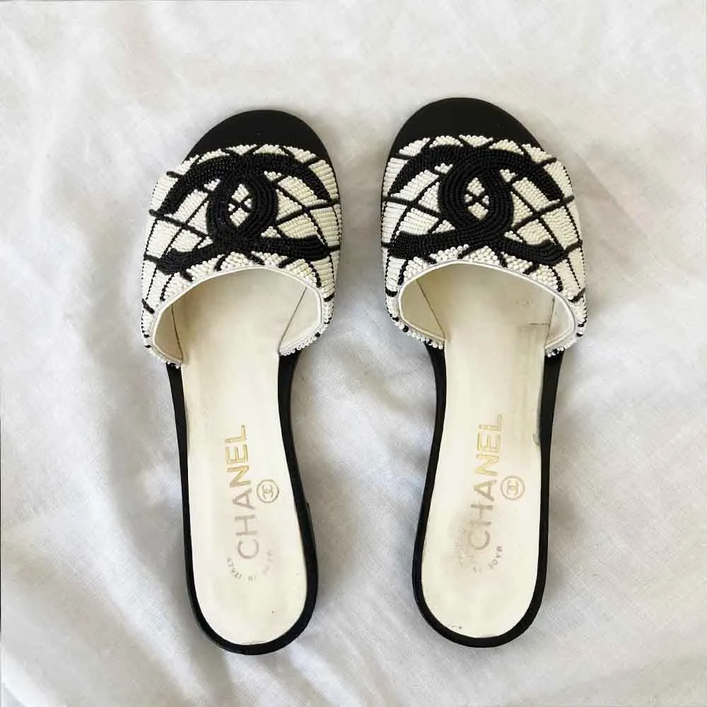 Chanel Black 20p White Pearl Embroidery Beaded Slides, 37C