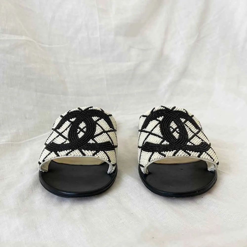 Chanel Black 20p White Pearl Embroidery Beaded Slides, 37C