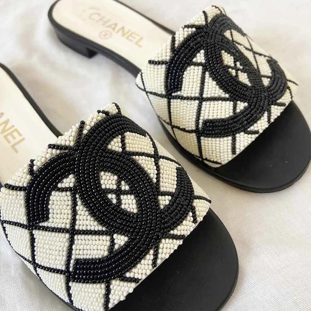 Chanel Black 20p White Pearl Embroidery Beaded Slides, 37C