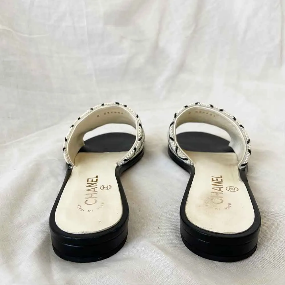 Chanel Black 20p White Pearl Embroidery Beaded Slides, 37C