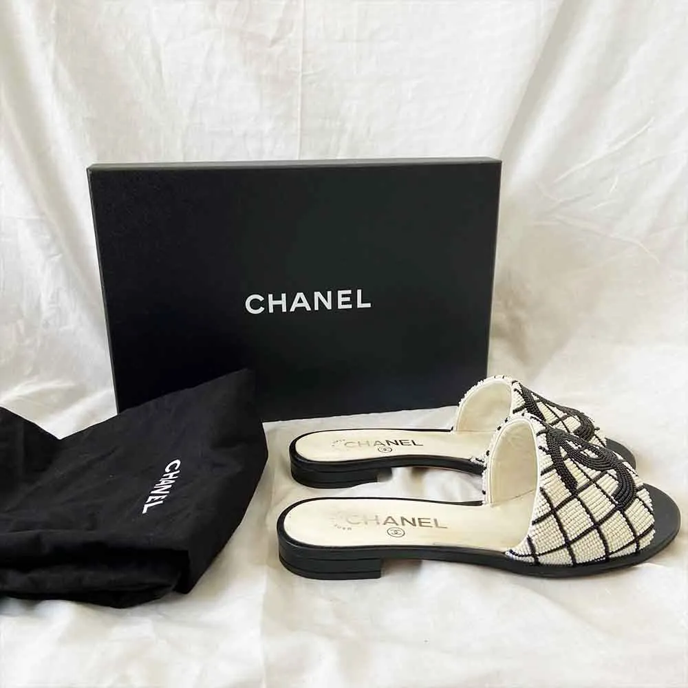 Chanel Black 20p White Pearl Embroidery Beaded Slides, 37C