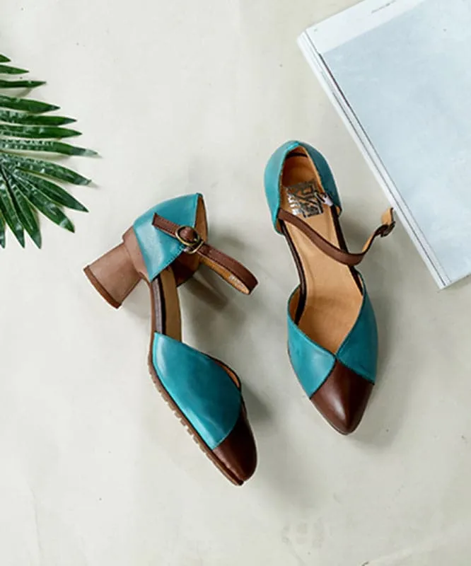 Coffee Blue Splicing High Heels Chunky Cowhide Leather Retro Buckle Strap High Heels