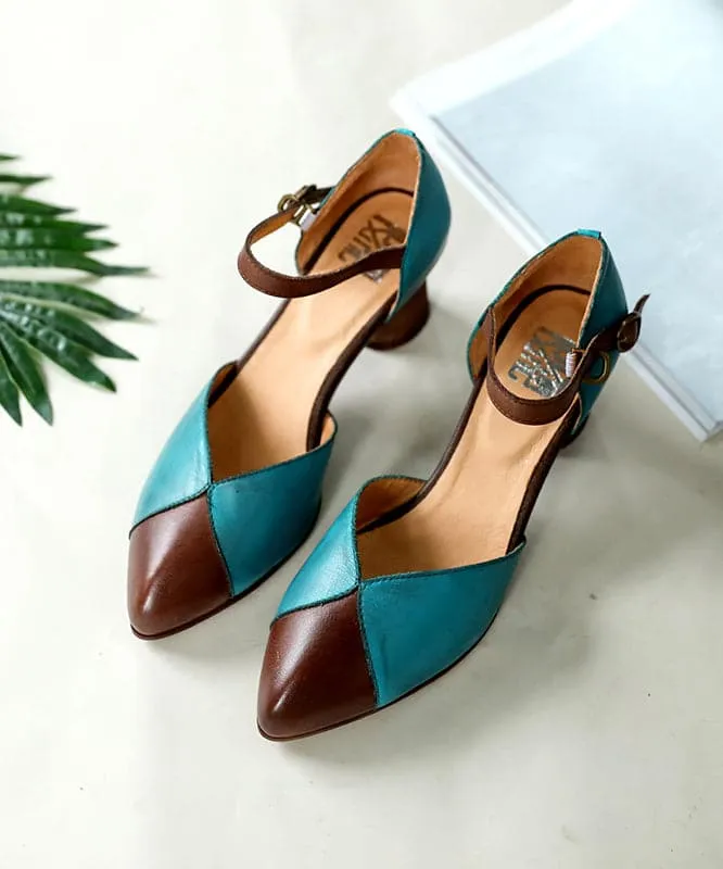 Coffee Blue Splicing High Heels Chunky Cowhide Leather Retro Buckle Strap High Heels