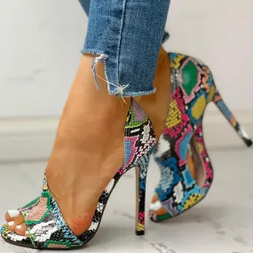 COLOURFUL FISH SCALE DESIGN PEEP-TOE CUT-OUT HIGH HEEL