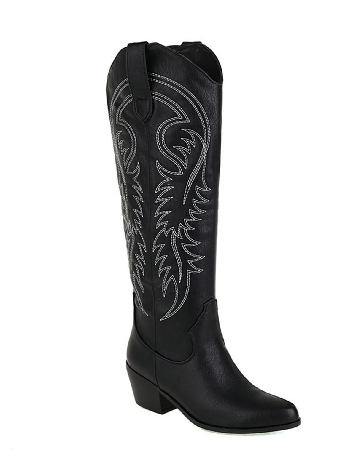 Embroidered Chunky Heel Mid-Calf Cowboy Boots