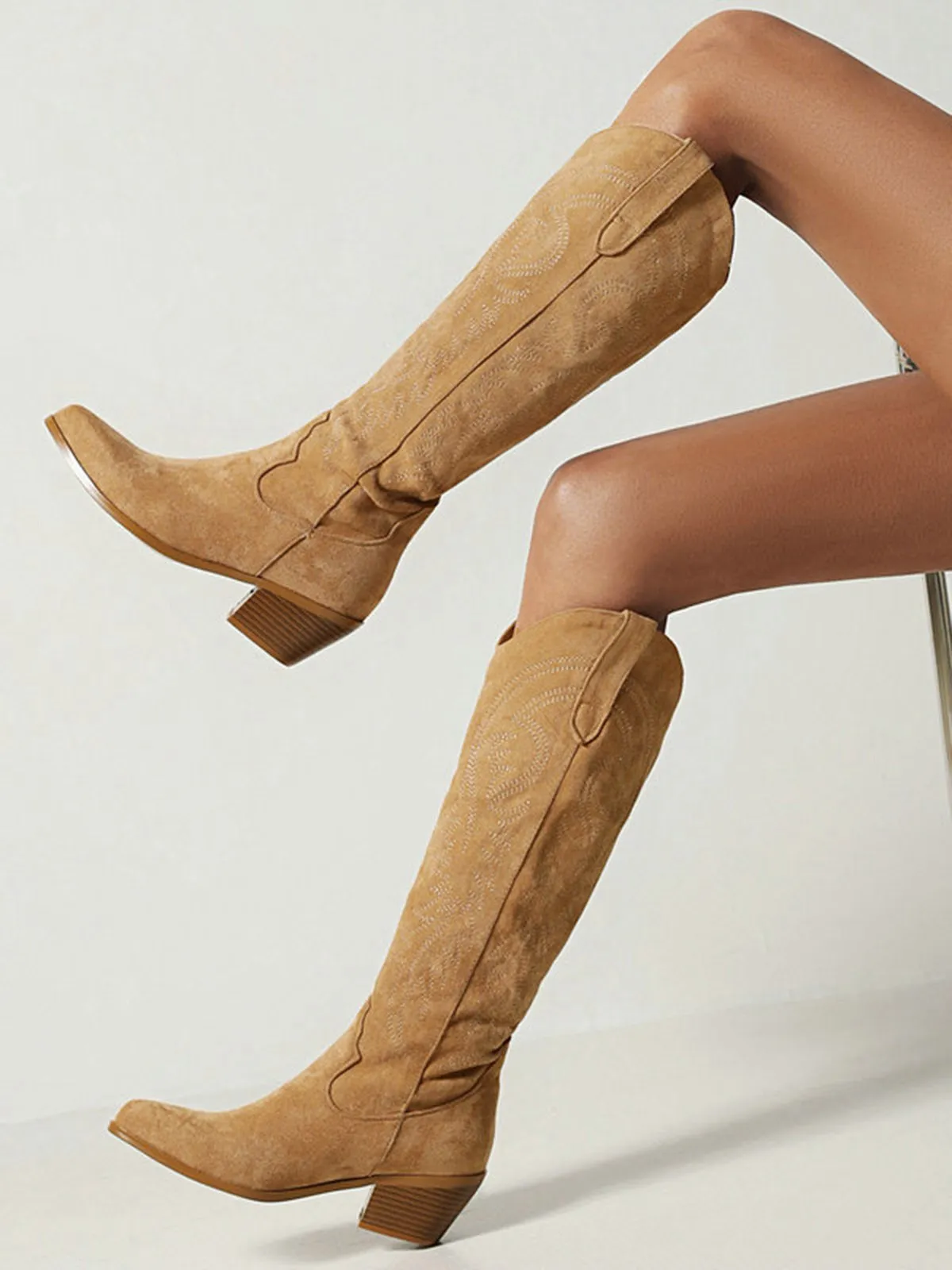 Embroidered Chunky Heel Mid-Calf Cowboy Boots