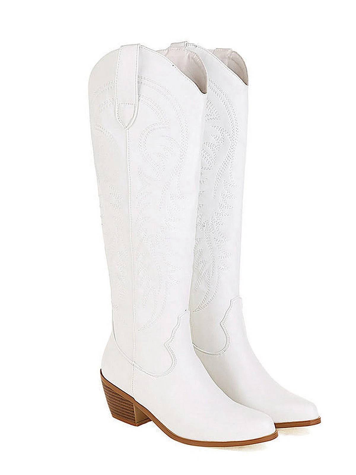 Embroidered Chunky Heel Mid-Calf Cowboy Boots