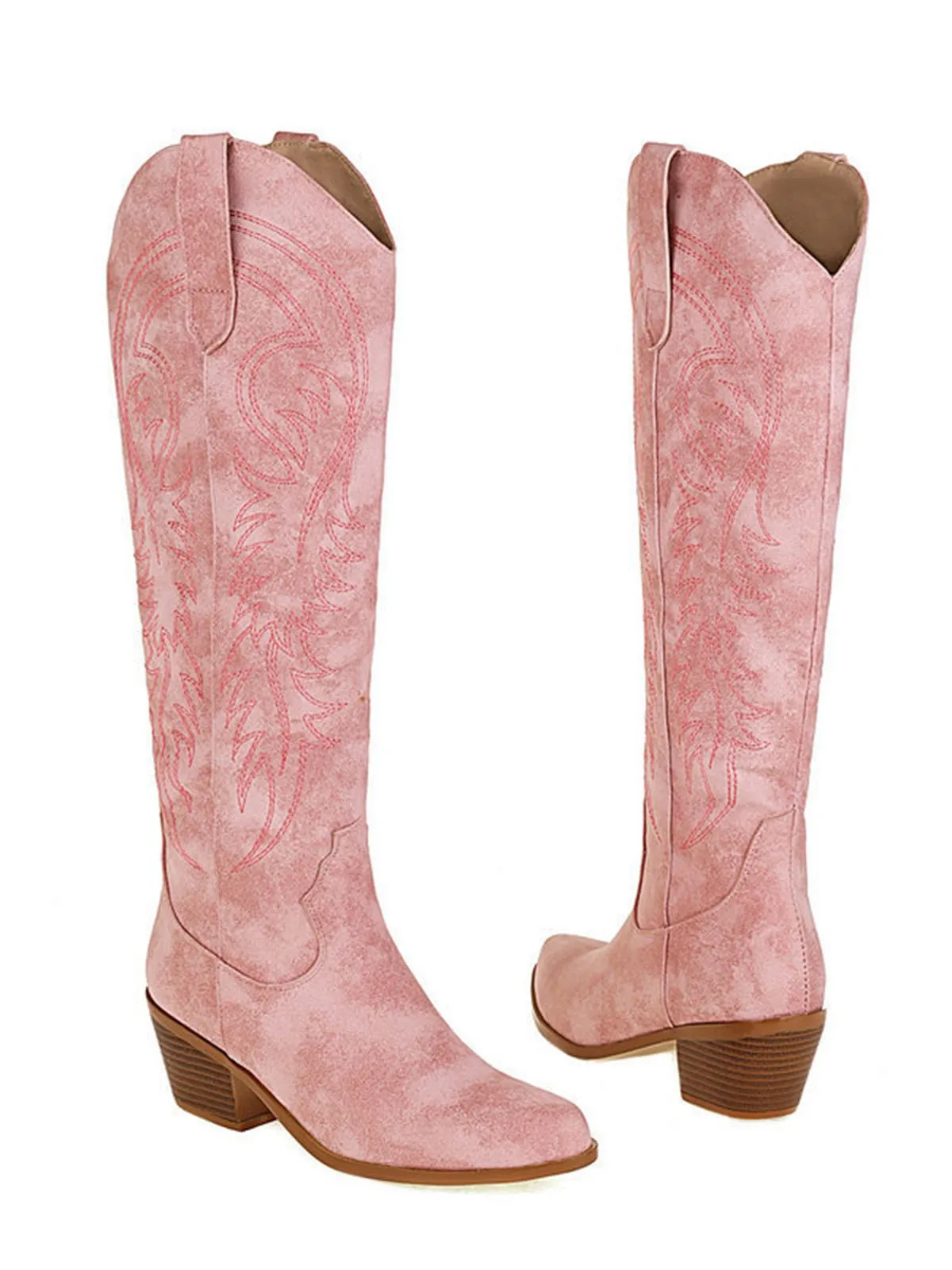 Embroidered Chunky Heel Mid-Calf Cowboy Boots