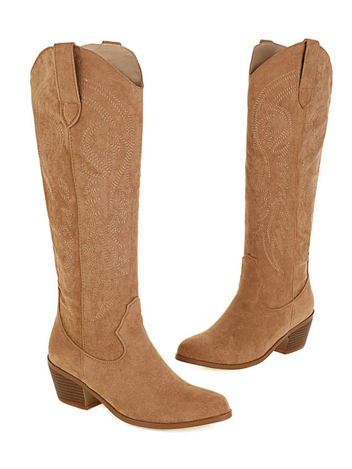 Embroidered Chunky Heel Mid-Calf Cowboy Boots