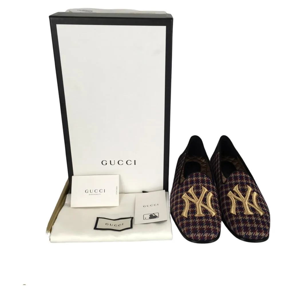 Gucci Men’s NY Yankee Wool Loafers Flat Crossing Check Multicolor