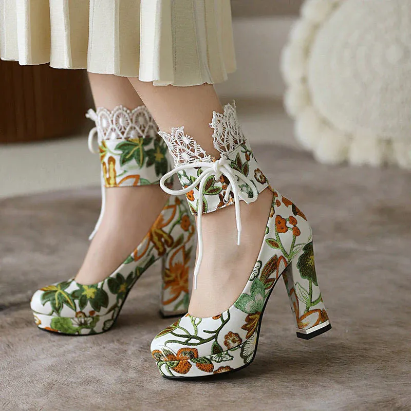 Lace Floral Chunky Heels Shoes  AD21207