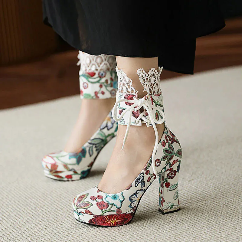 Lace Floral Chunky Heels Shoes  AD21207