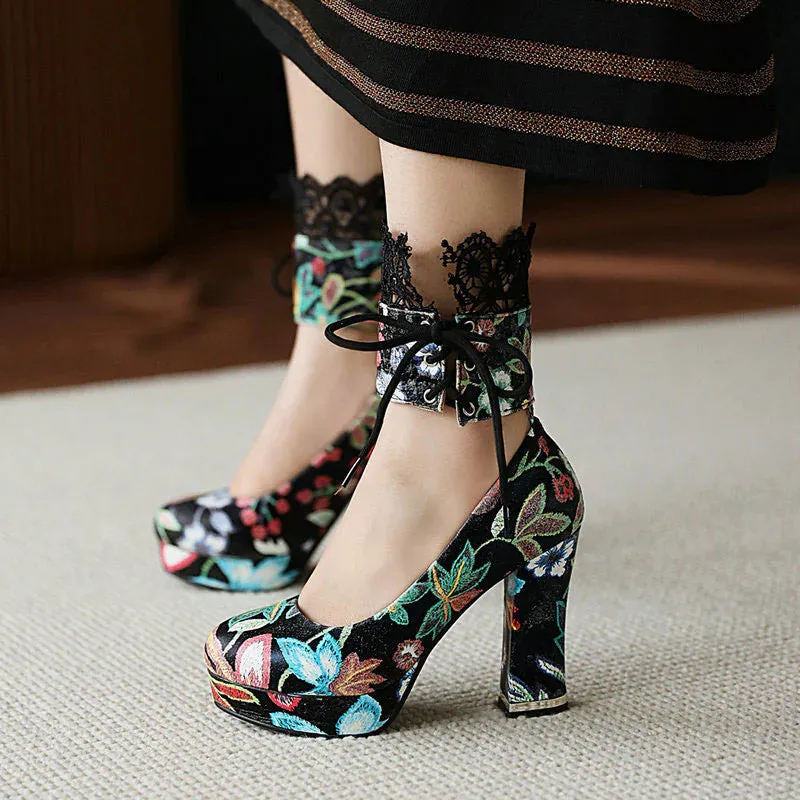 Lace Floral Chunky Heels Shoes  AD21207