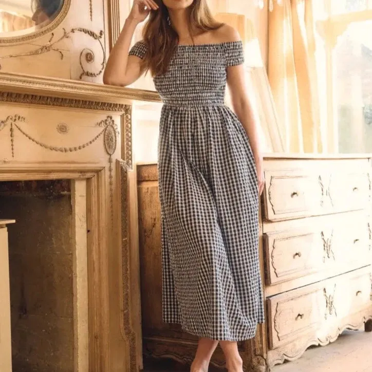 Nobody's Child Navy Gingham Check Bardot Amanda Midaxi Dress