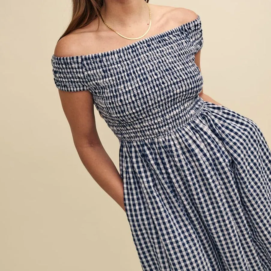 Nobody's Child Navy Gingham Check Bardot Amanda Midaxi Dress