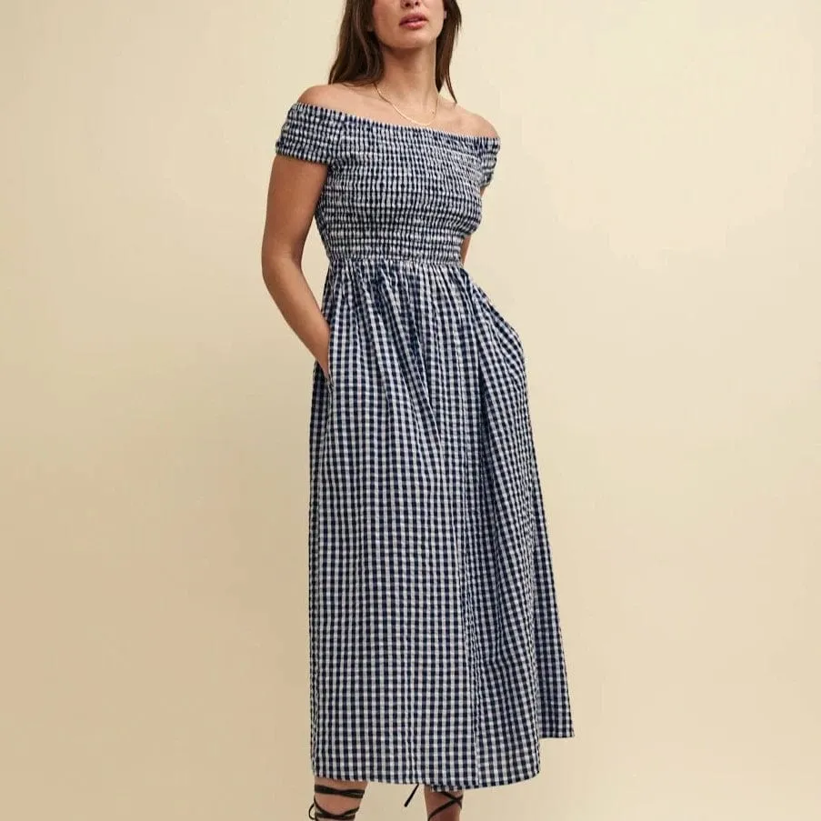 Nobody's Child Navy Gingham Check Bardot Amanda Midaxi Dress