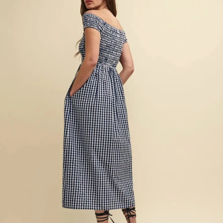 Nobody's Child Navy Gingham Check Bardot Amanda Midaxi Dress