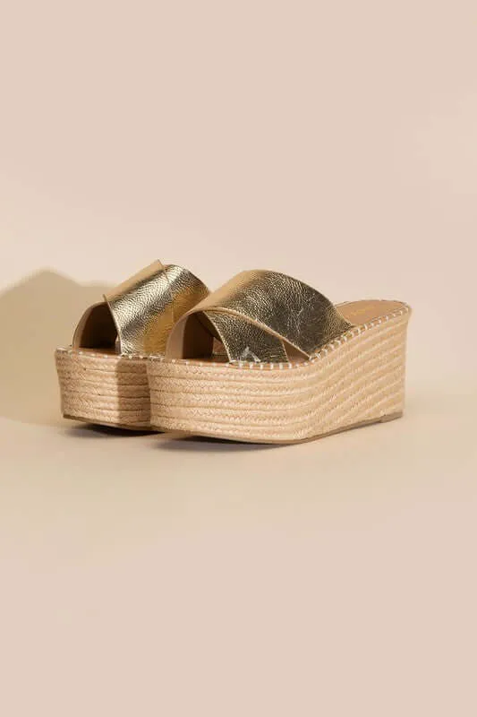 Partner-s Raffia Platform Wedges Slides Sandals