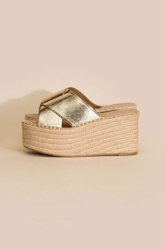 Partner-s Raffia Platform Wedges Slides Sandals