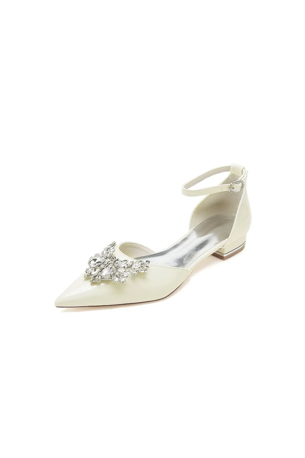 Pointed Toe Patent Leather Flats with Crystal Embellishment