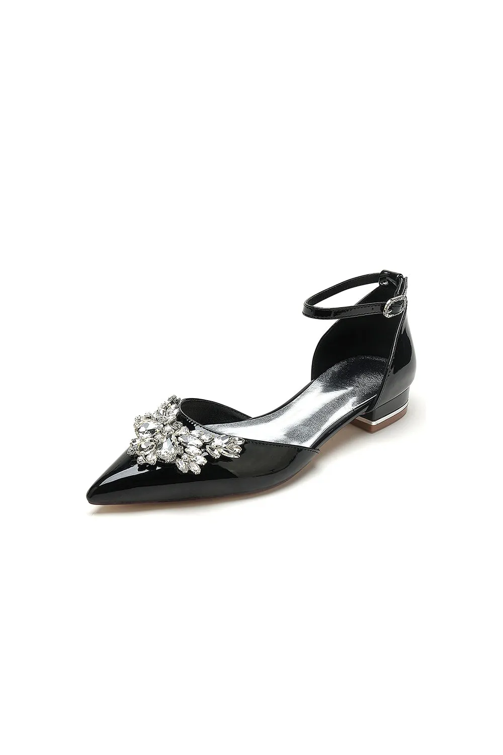 Pointed Toe Patent Leather Flats with Crystal Embellishment