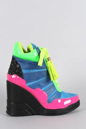 Privileged Colorblock Lizard Tassel Lace Up High Top Wedge Sneaker