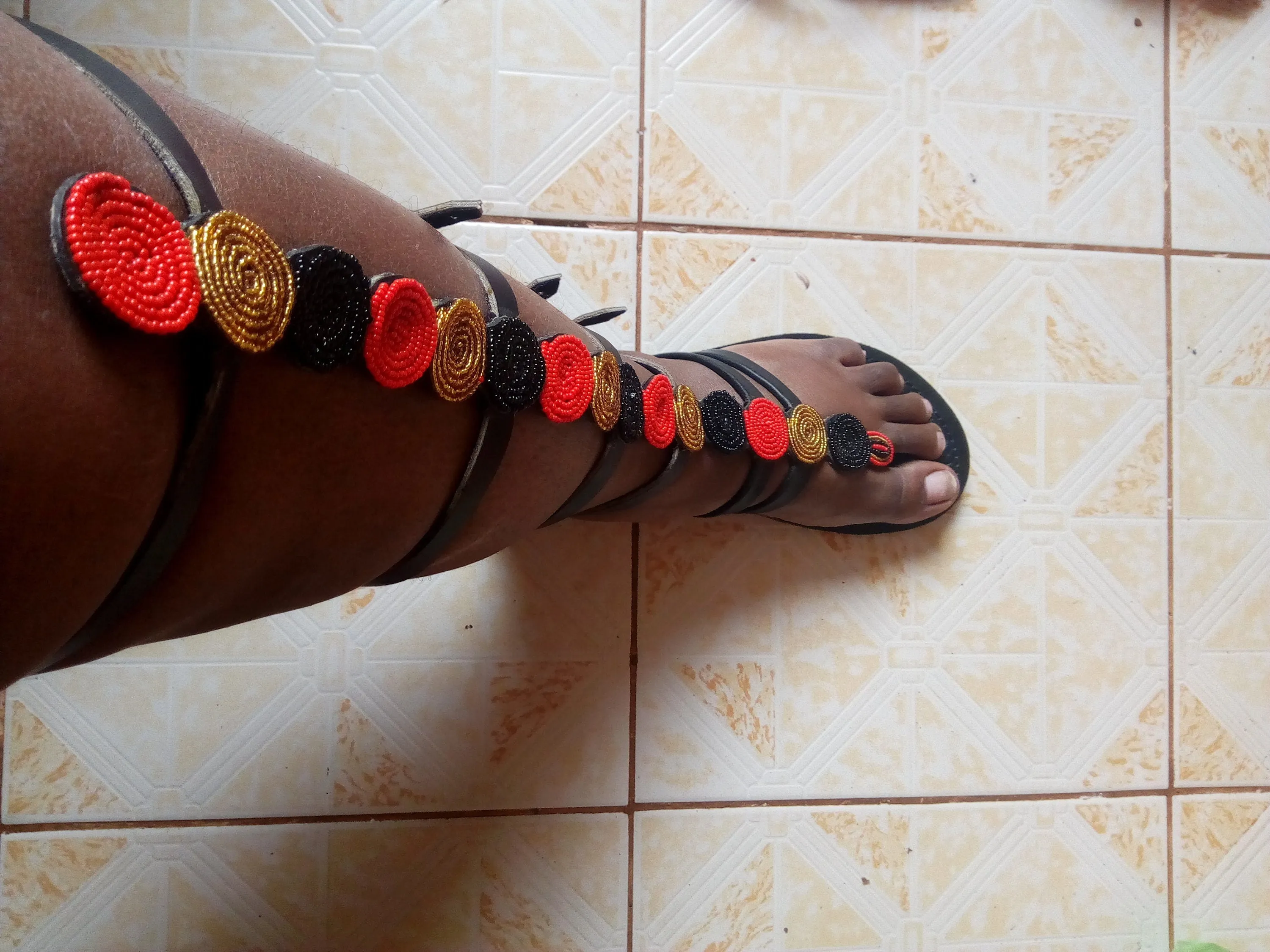 Red,gold and black African beaded maasai maasai Masai gladiator sandals with buckles with free shipping