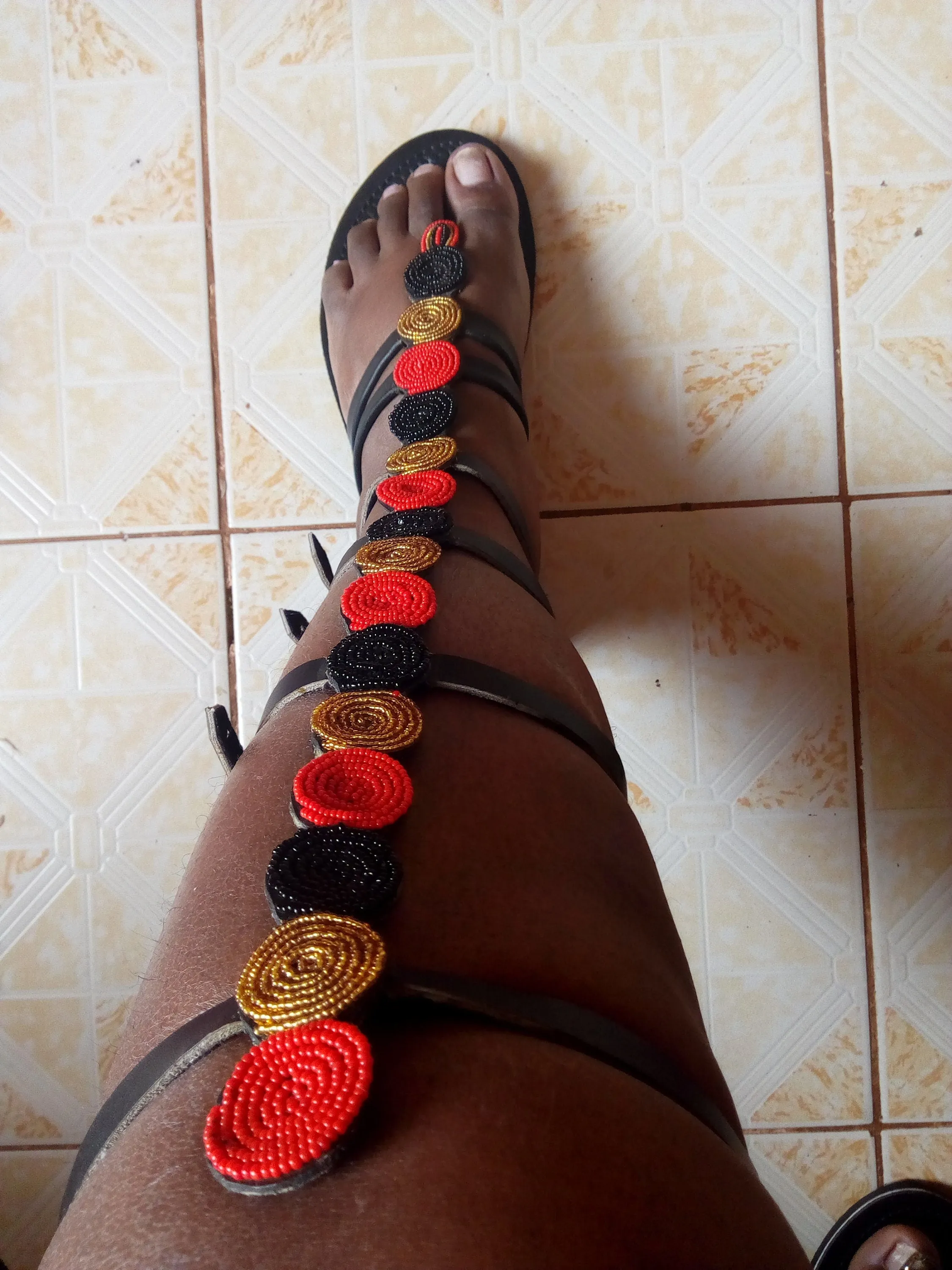 Red,gold and black African beaded maasai maasai Masai gladiator sandals with buckles with free shipping