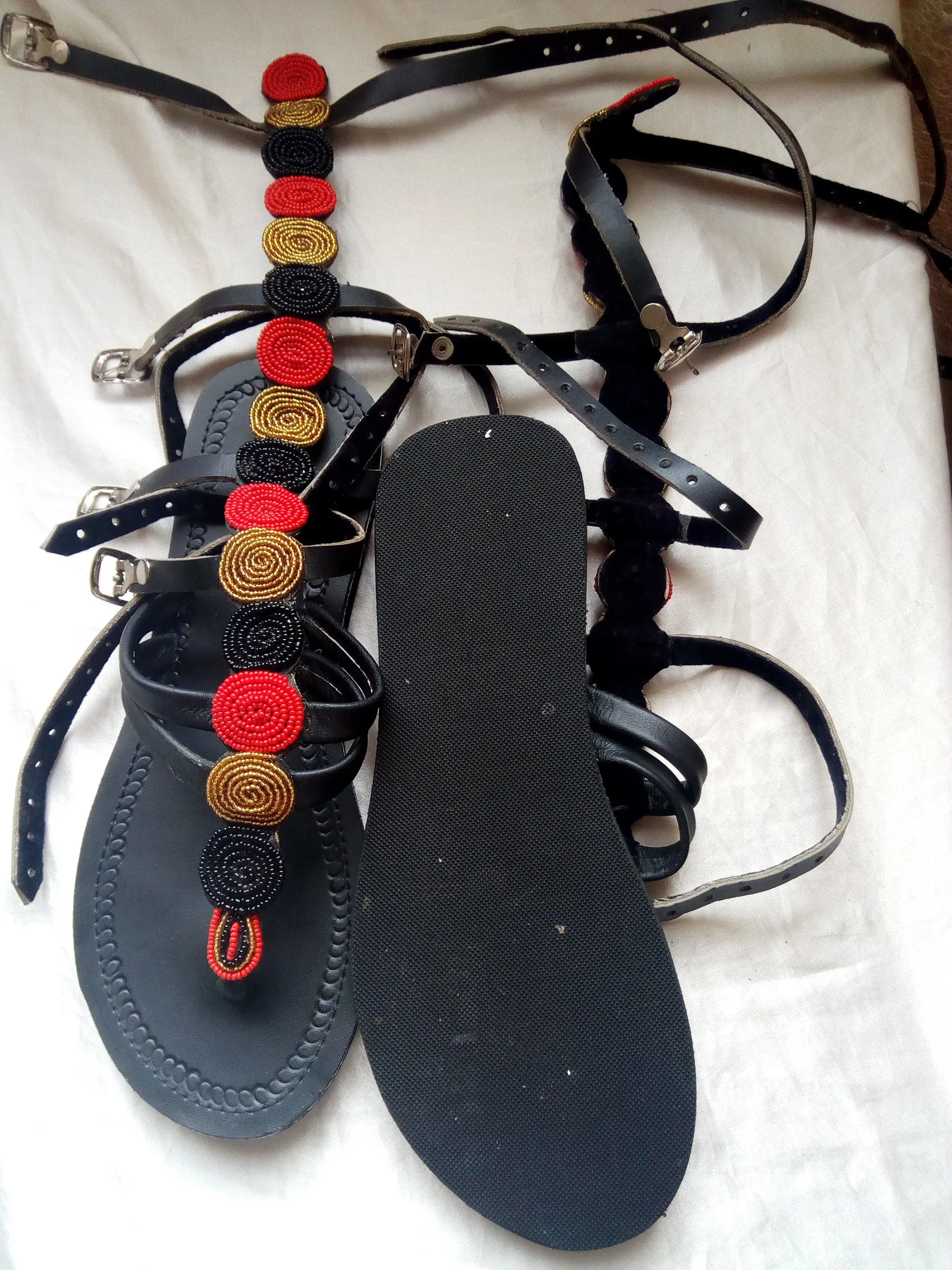 Red,gold and black African beaded maasai maasai Masai gladiator sandals with buckles with free shipping