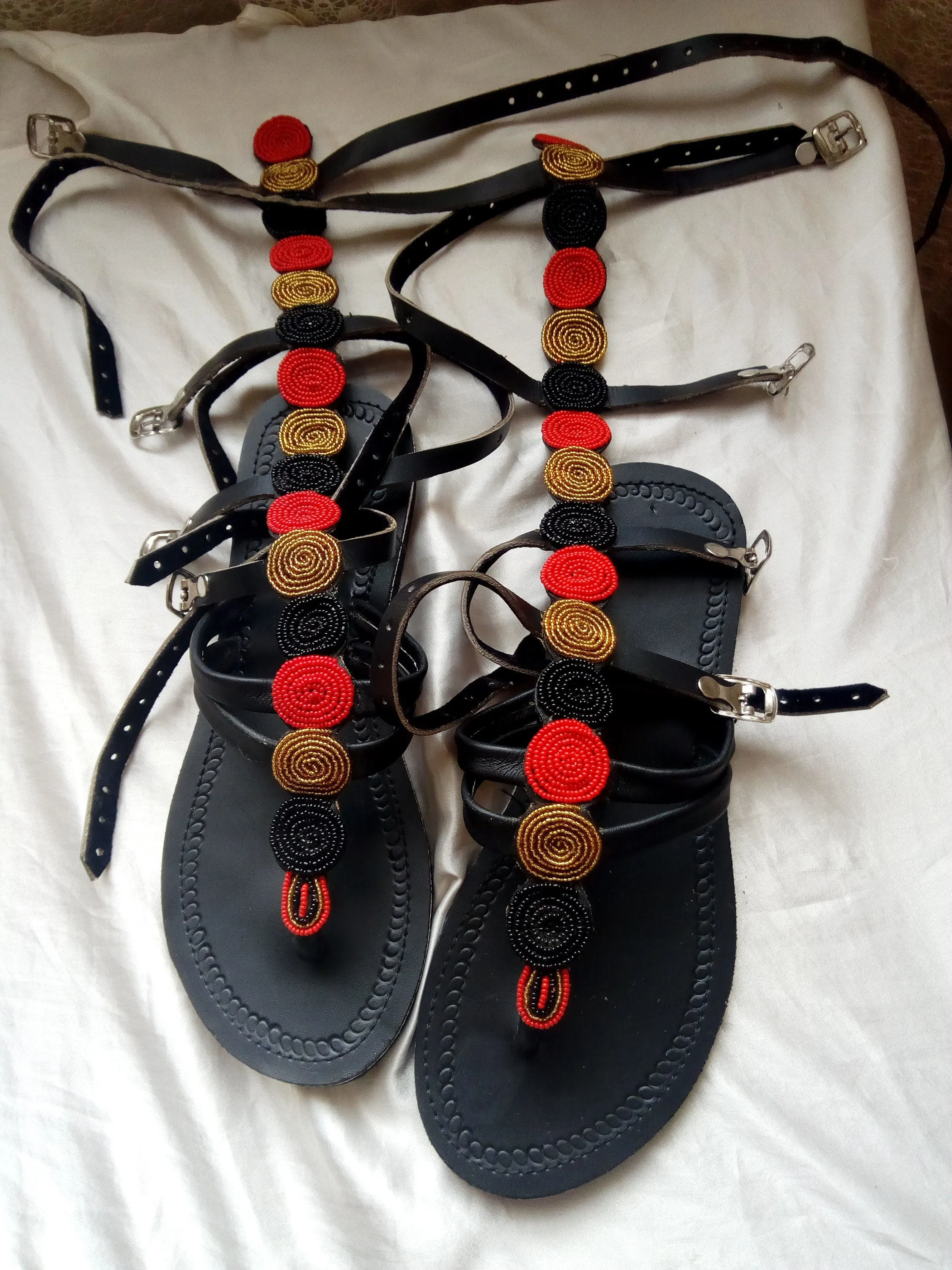 Red,gold and black African beaded maasai maasai Masai gladiator sandals with buckles with free shipping