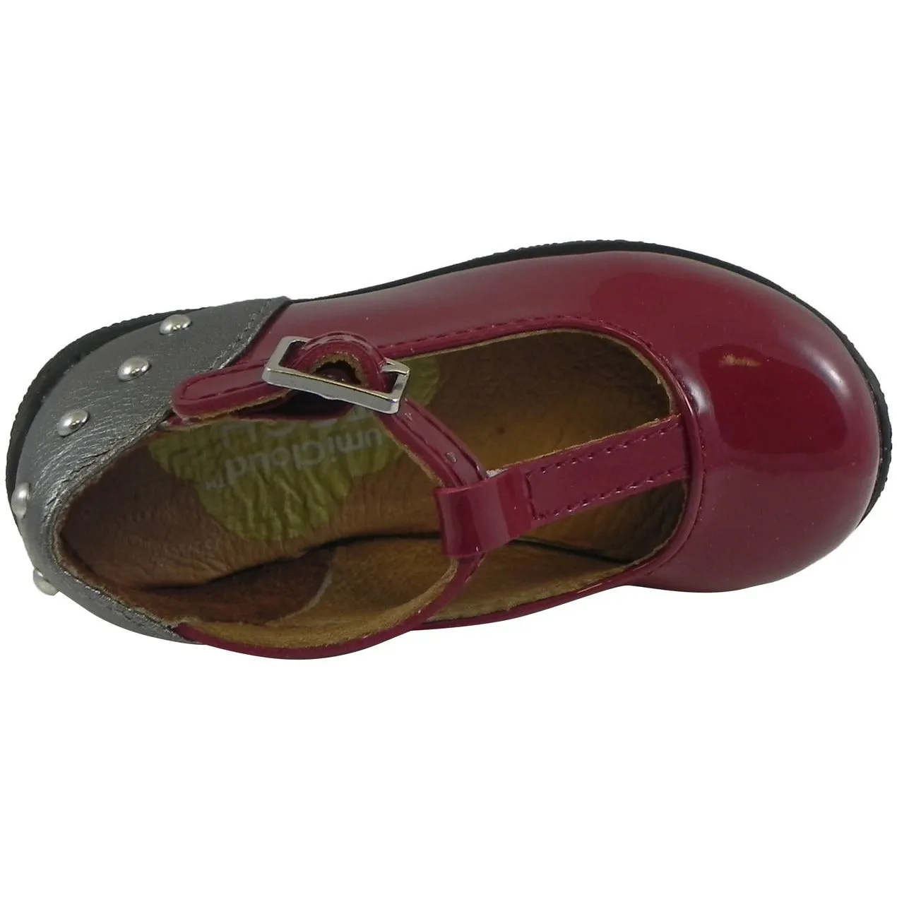 Umi Patent Leather T-Strap Studded Mary Jane Flats Burgundy