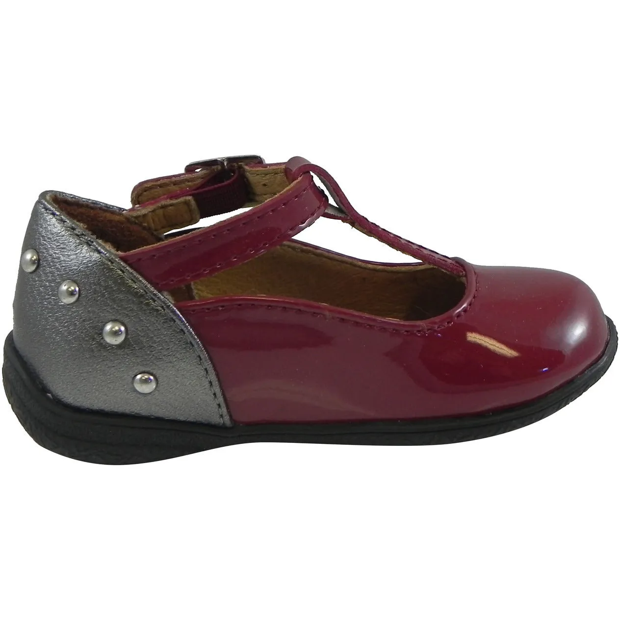 Umi Patent Leather T-Strap Studded Mary Jane Flats Burgundy