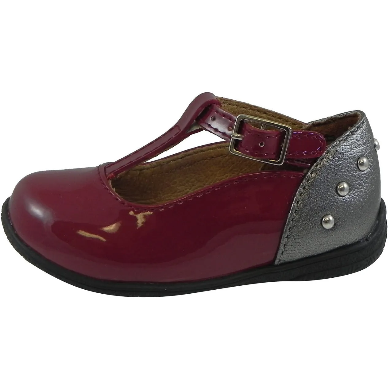 Umi Patent Leather T-Strap Studded Mary Jane Flats Burgundy