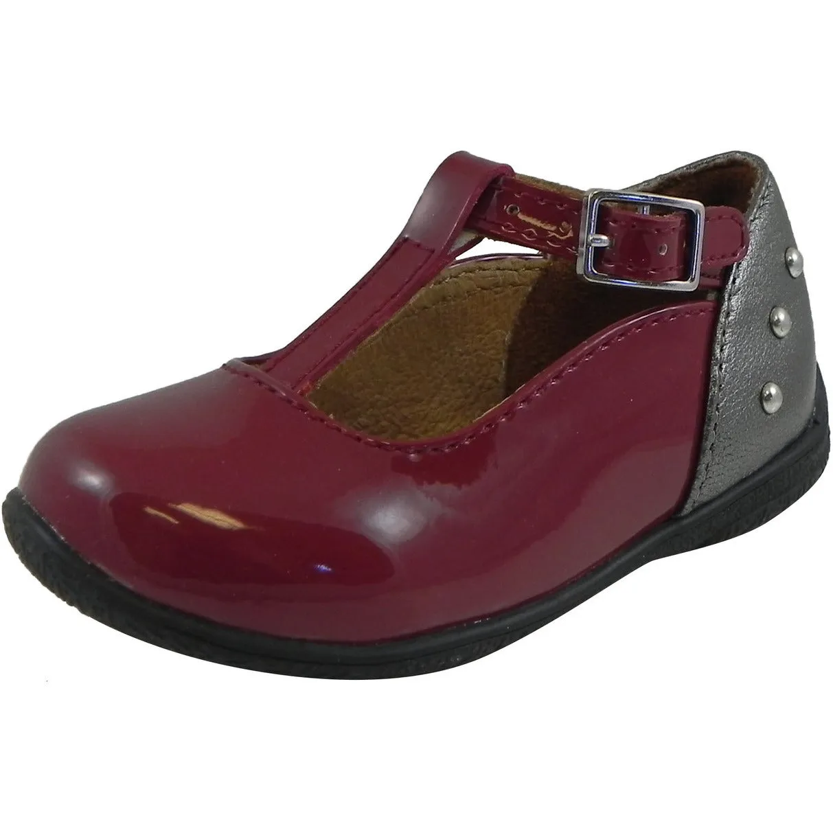 Umi Patent Leather T-Strap Studded Mary Jane Flats Burgundy